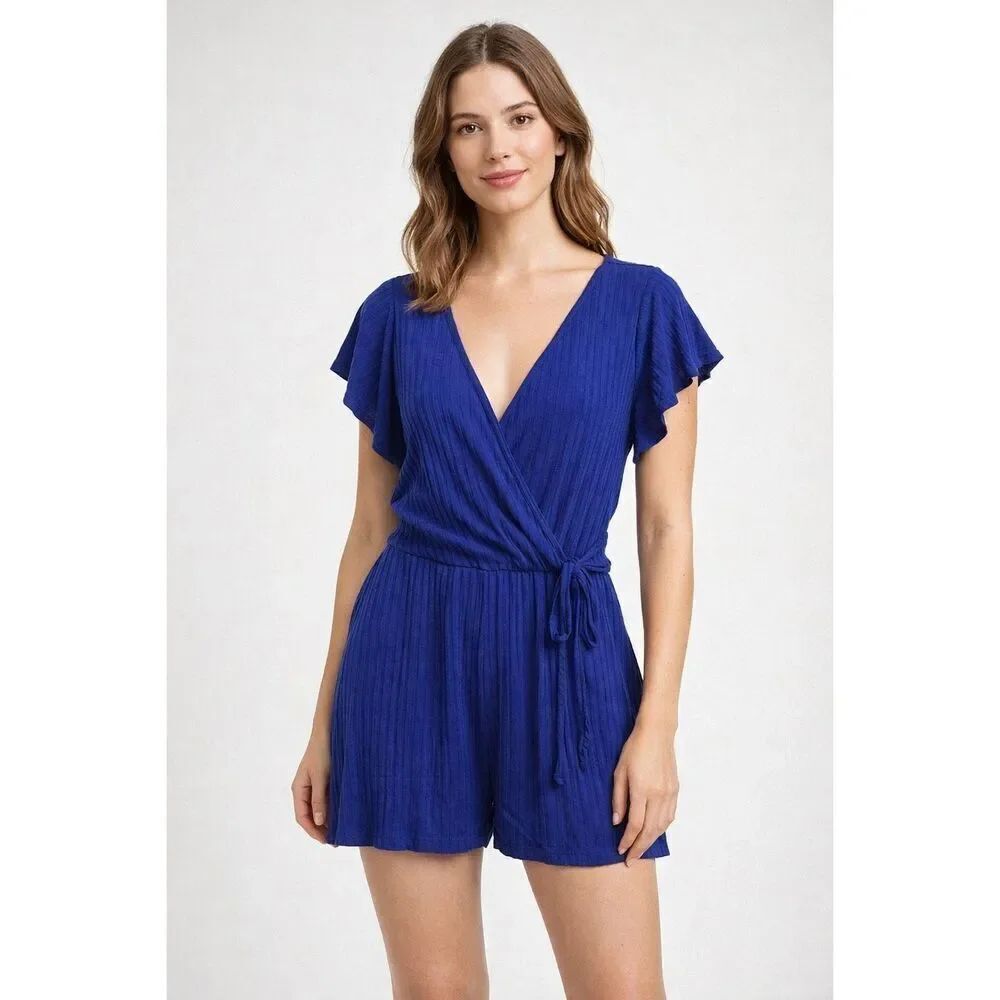 One Clothing Blue Ribbed Wrap Romper Women’s Small Flutter Sleeve